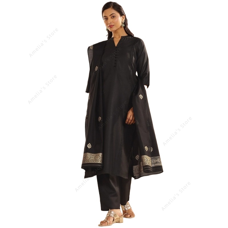 Women'S Formal Traditional Wear - Dames Zwart Jacquard Kurta Pant Dupatta